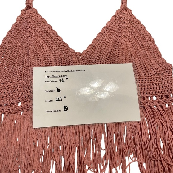 POL Crochet Fringe Crop Top Bralette – Boho Festival Tank, Dusty Rose Pink, Sz L - Picture 8 of 13
